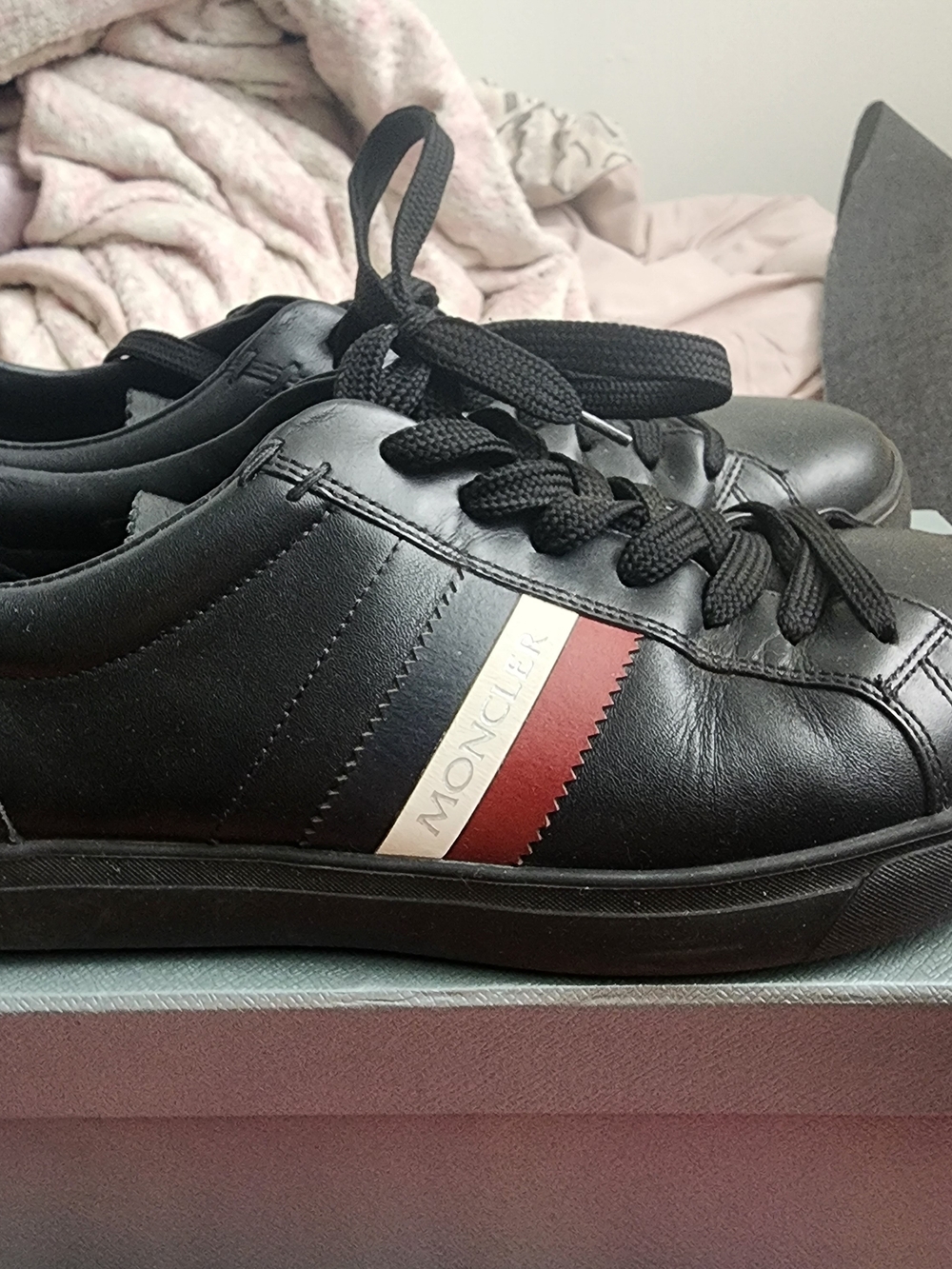 Moncler Black Leather Sneakers with Red and Cream Stripe